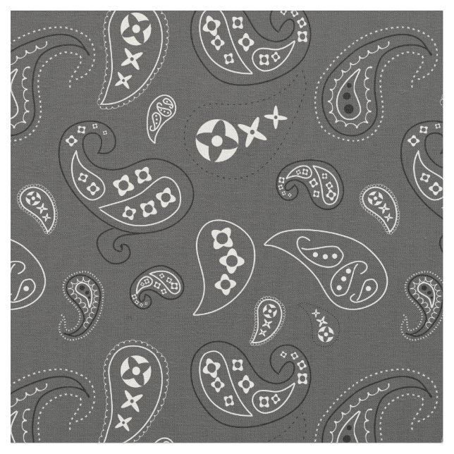 Charcoal Grey Paisley Western Bandanna Print Fabric (Close Up)