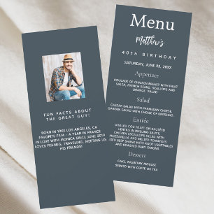 Charcoal grey photo fun facts birthday menu card
