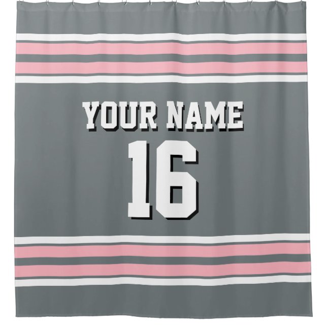 Charcoal Grey Pink White Stripes Sports Jersey Shower Curtain (Front)
