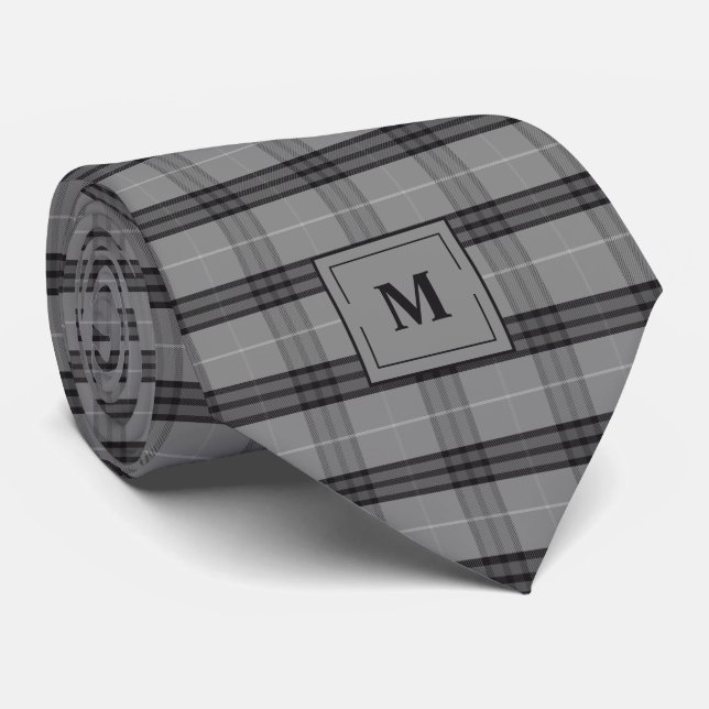 Charcoal Grey Plaid Monogrammed Tie (Rolled)