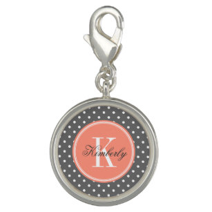 Charcoal Grey Polka Dot with Coral Monogram Charm