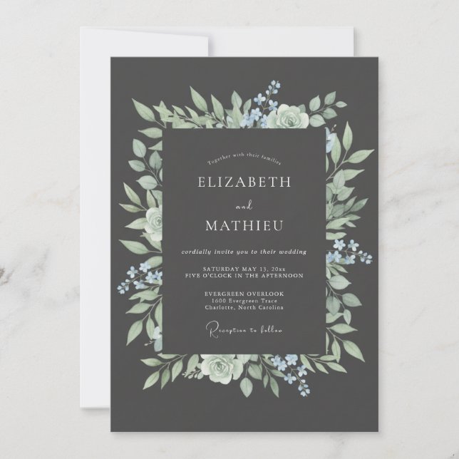 Charcoal Grey Pristine Botanical Wedding Invitation (Front)