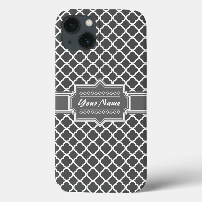 Charcoal Grey Quatrefoil Custom Personalised Name Case-Mate iPhone Case (Back)