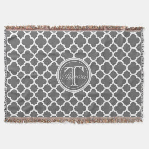 Charcoal Grey Quatrefoil Pattern Name Monogram Throw Blanket