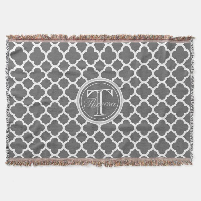 Charcoal Grey Quatrefoil Pattern Name Monogram Throw Blanket (Front)