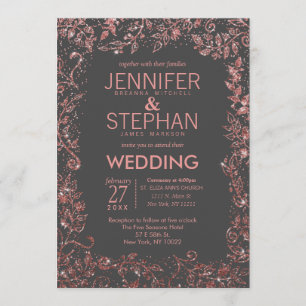 Charcoal Grey Rose Gold Floral Glitter Wedding Invitation
