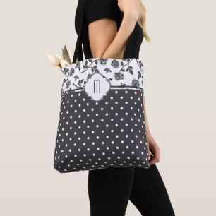Charcoal Grey Rose Polka Dot Monogram Tote Bag