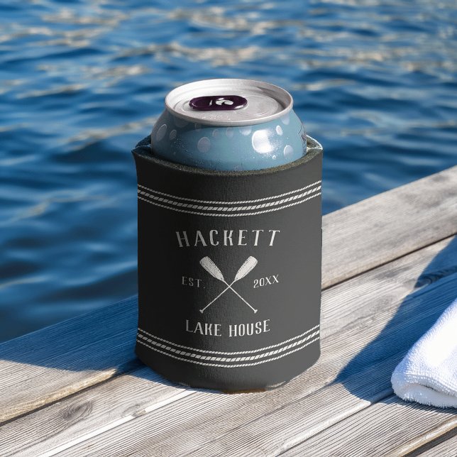 Charcoal Grey Rustic Oars Personalised Lake House Can Cooler (Creator Uploaded)