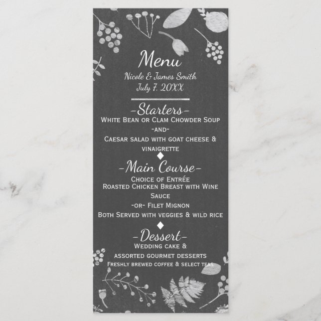Charcoal Grey & Silver Floral Wedding Menu Card (Front)