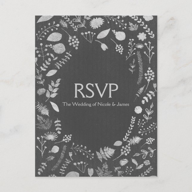 Charcoal Grey & Silver Floral Wedding RSVP Card (Front)