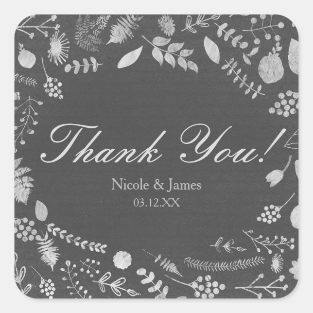 Charcoal Grey & Silver Floral Wedding Stickers (Front)