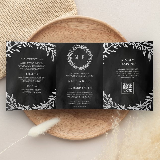 Charcoal Grey Silver Leaf Branch QR Code Wedding Tri-Fold Invitation (Creator Uploaded)