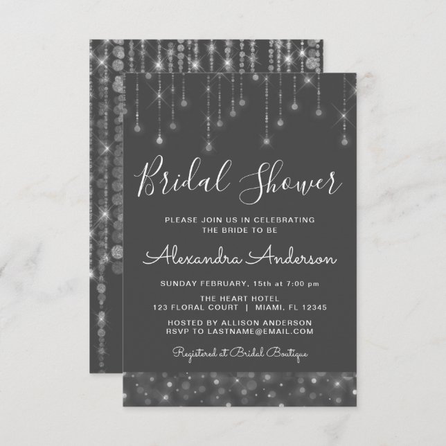 Charcoal Grey Silver String Lights Bridal Shower Invitation (Front/Back)