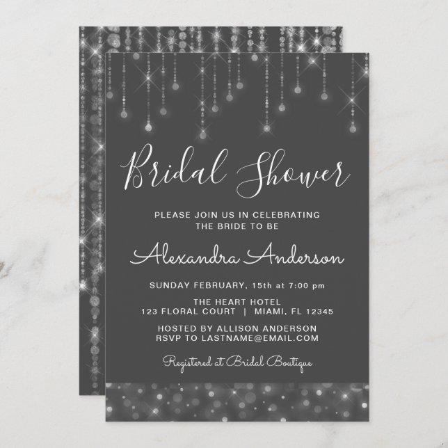 Charcoal Grey Silver String Lights Bridal Shower Invitation (Front/Back)