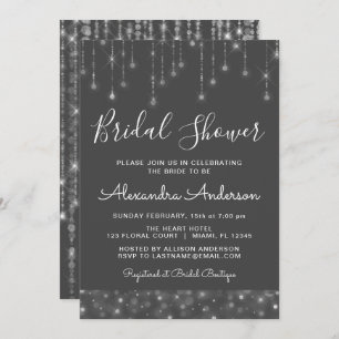 Charcoal Grey Silver String Lights Bridal Shower Invitation