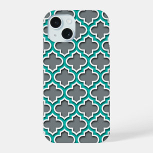 Charcoal Grey Teal White Moroccan Quatrefoil #5DS iPhone 15 Case