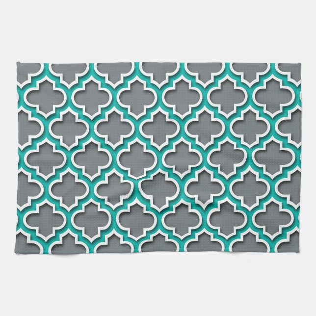 Charcoal Grey Teal White Moroccan Quatrefoil #5DS Tea Towel (Horizontal)