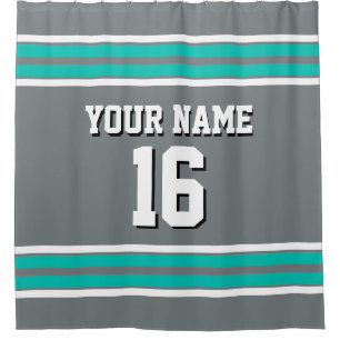 Charcoal Grey Teal White Stripes Sports Jersey Shower Curtain