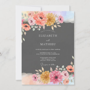 Charcoal Grey Vibrant Botanical Wedding Invitation