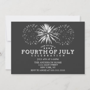 Charcoal Grey Vintage Fireworks 4th of July Party Invitation