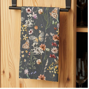 Charcoal Grey Watercolor Wildflowers Tea Towel