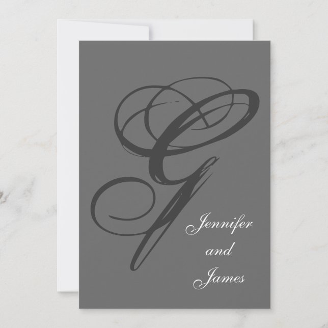 Charcoal Grey Wedding Invitation | Fancy Initial G (Front)