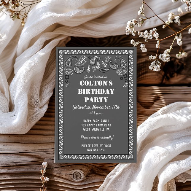 Charcoal Grey Western Bandanna Print Birthday Part Invitation (Creator Uploaded)