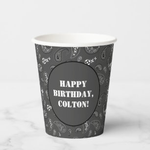 Charcoal Grey Western Bandanna Print Birthday Part Paper Cups