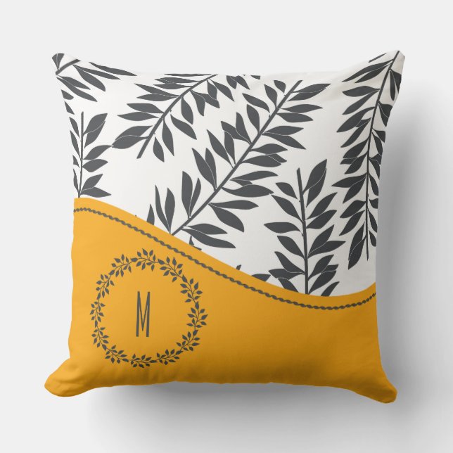 Charcoal Grey White and Yellow Tropical Monogram Cushion (Front)