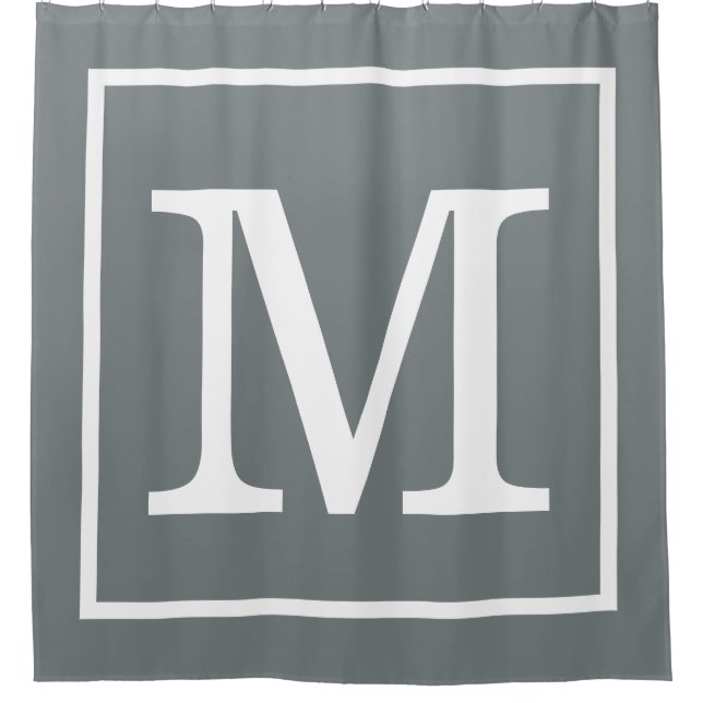 Charcoal Grey White Framed XL Initial Monogram Shower Curtain (Front)