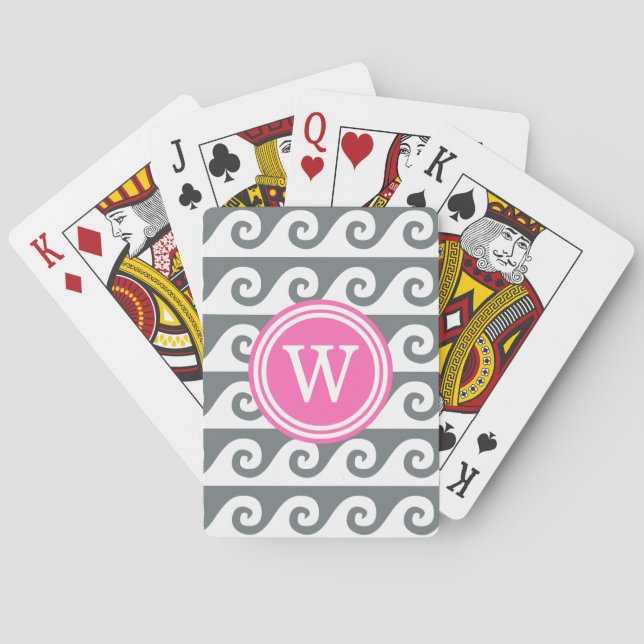 Charcoal Grey White GK Waves 2x1I Hot Pink Round Playing Cards (Back)