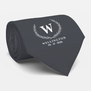 Charcoal Grey White Laurel Monogram Wedding Name Tie