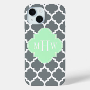 Charcoal Grey White Moroccan #5 Mint Name Monogram iPhone 15 Case
