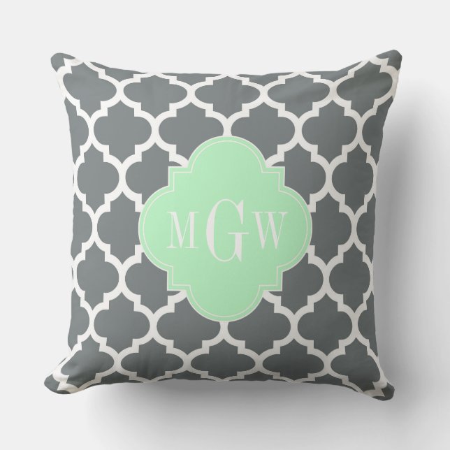 Charcoal Grey White Moroccan #5 Mint Name Monogram Cushion (Front)