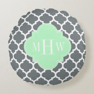 Charcoal Grey White Moroccan #5 Mint Name Monogram Round Cushion