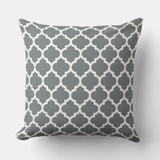 Charcoal Grey White Moroccan Quatrefoil Pattern #5 Cushion (Front)