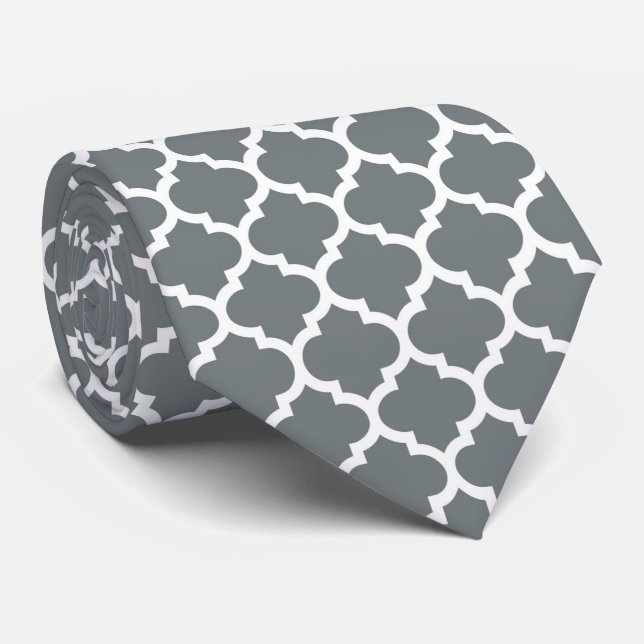 Charcoal Grey White Moroccan Quatrefoil Pattern #5 Tie (Rolled)