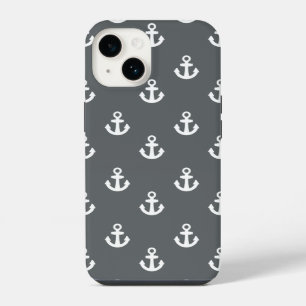 Charcoal Grey White Ships Anchors Pattern iPhone Case