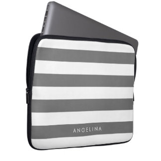 Charcoal Grey White Striped Pattern Custom Name Laptop Sleeve