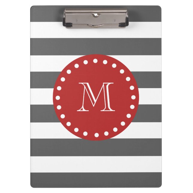 Charcoal Grey White Stripes Pattern, Red Monogram Clipboard (Front)