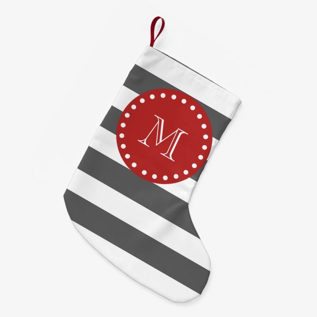 Charcoal Grey White Stripes Pattern, Red Monogram Small Christmas Stocking (Front (Hanging))