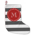 Charcoal Grey White Stripes Pattern, Red Monogram