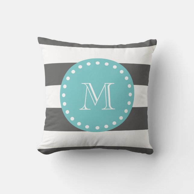 Charcoal Grey White Stripes Pattern, Teal Monogram Cushion (Front)