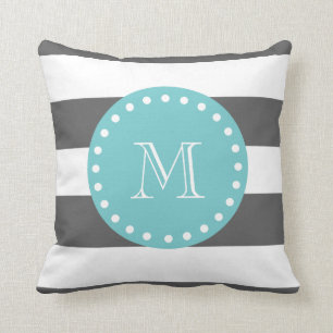 Charcoal Grey White Stripes Pattern, Teal Monogram Cushion
