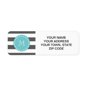 Charcoal Grey White Stripes Pattern, Teal Monogram Return Address Label