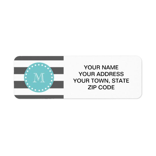 Charcoal Grey White Stripes Pattern, Teal Monogram Return Address Label