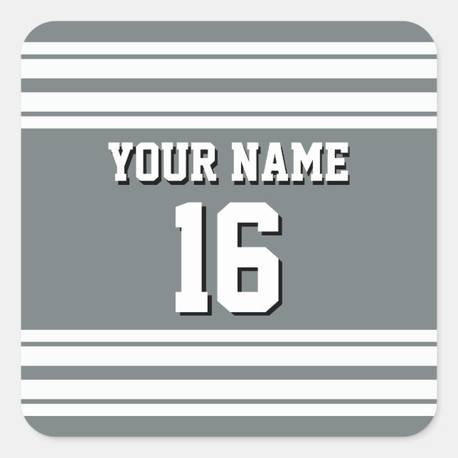 Charcoal Grey White Team Jersey Custom Number Name Square Sticker (Front)