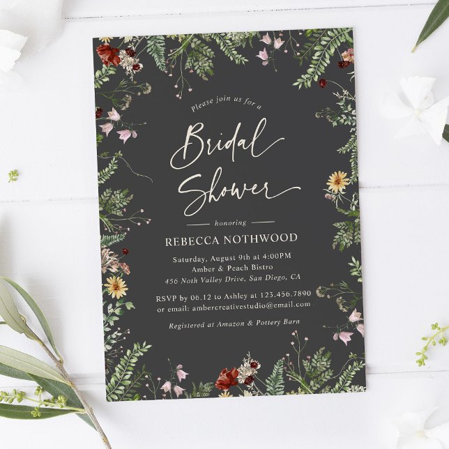 Charcoal Grey Wildflowers Greenery Bridal Shower Invitation (Creator Uploaded)