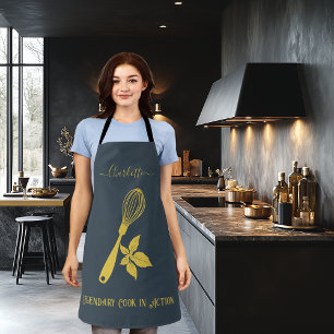Charcoal Grey with Pale Gold Whisk and Herb Motif Apron