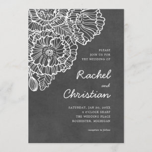 Charcoal grey with white lineart poppy flowers invitation